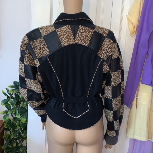 Vtg 80s rare unique leopard checked leather new wave  batwing wrap jacket L - Picture 6 of 15